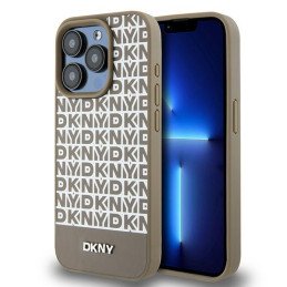 DKNY odinis margintas metalinis logotipas MagSafe dėklas, skirtas iPhone 15 Pro Max – rudas