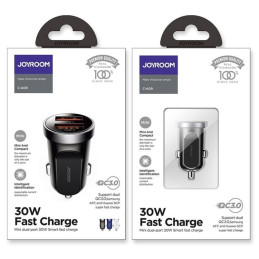 Joyroom C-A09 Mini greitas automobilinis įkroviklis 2x USB 30W Quick Charge, SCP, PD, AFC juodas
