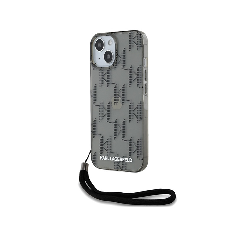 Karl Lagerfeld IML Mono KL Pattern & Cord dėklas, skirtas iPhone 15 / 14 / 13 - juodas
