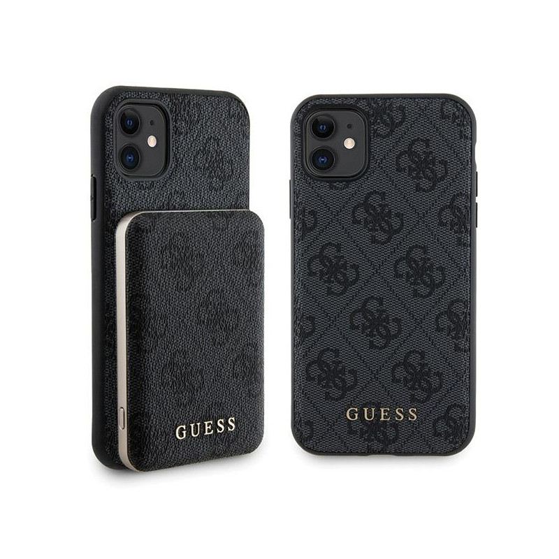 Guess 4G Metal Logo dėklo rinkinys iPhone 11 + 5000mAh MagSafe maitinimo blokui - juodas