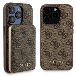 Guess 4G Metal Logo dėklo rinkinys, skirtas iPhone 15 Pro + 5000mAh MagSafe maitinimo blokas - ruda