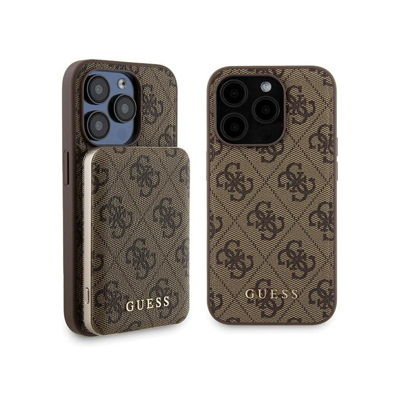 Guess 4G Metal Logo dėklo rinkinys, skirtas iPhone 15 Pro + 5000mAh MagSafe maitinimo blokas - ruda