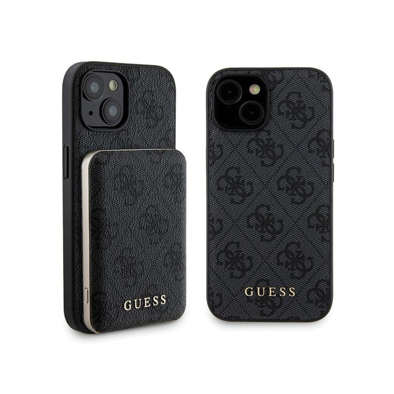 Guess 4G Metal Logo dėklo rinkinys iPhone 15 + 5000mAh MagSafe maitinimo blokui - juodas