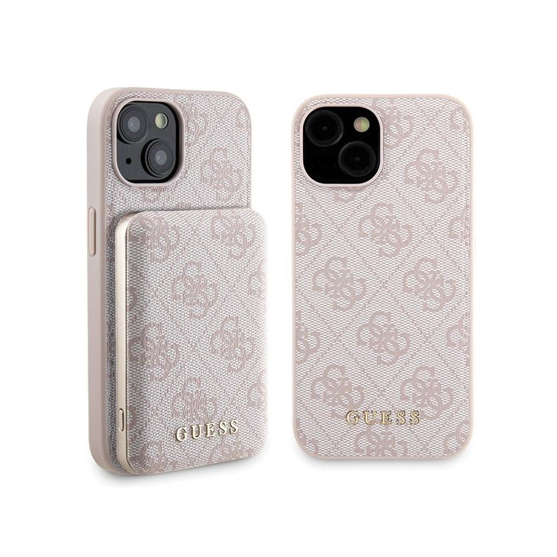 Guess 4G Metal Logo dėklo rinkinys iPhone 15 + 5000mAh MagSafe maitinimo blokui - rožinė