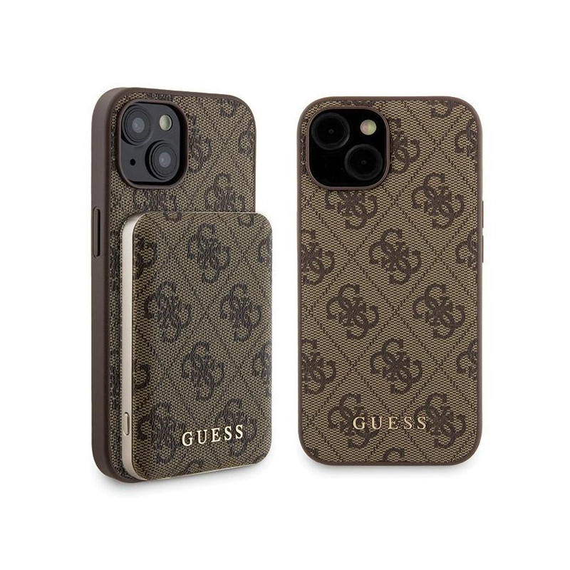 Guess 4G Metal Logo dėklo rinkinys iPhone 15 + 5000mAh MagSafe maitinimo blokui - ruda