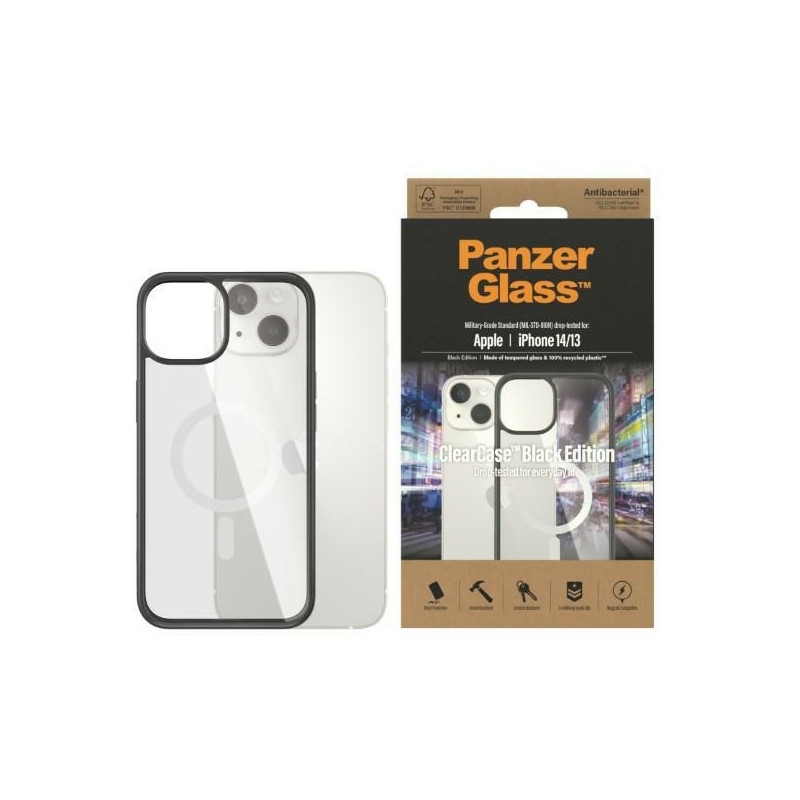 PanzerGlass ClearCase dėklas su MagSafe antibakteriniu poveikiu iPhone 14/ 15/ 13 - skaidrus ir juodas
