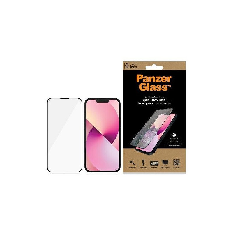 PanzerGlass E2E Microfracture antibakterinis privatumo stiklas skirtas iPhone 13 mini - su juodu rėmeliu