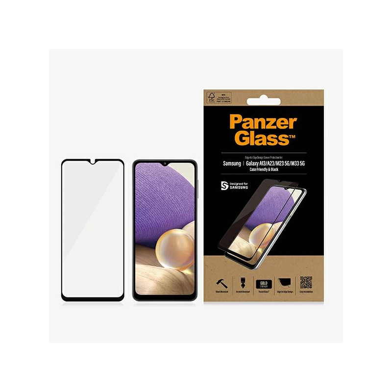PanzerGlass E2E įprastas grūdintas stiklas, skirtas Samsung Galaxy A12 / A23 / M23 / M33 5G – su juodu rėmeliu