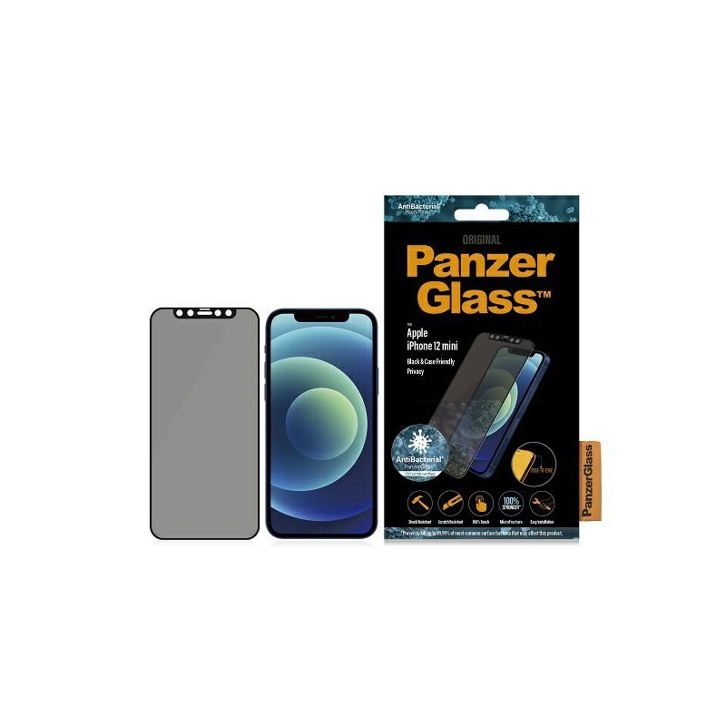 PanzerGlass E2E Super+ Microfracture antibakterinis grūdintas stiklas skirtas iPhone 12 mini - su juodu rėmeliu