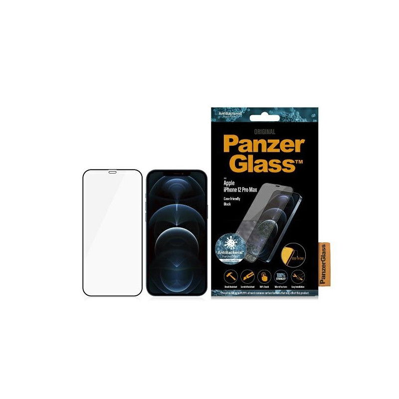 PanzerGlass E2E Super+ Microfracture antibakterinis grūdintas stiklas, skirtas iPhone 12 Pro Max – su juodu rėmeliu