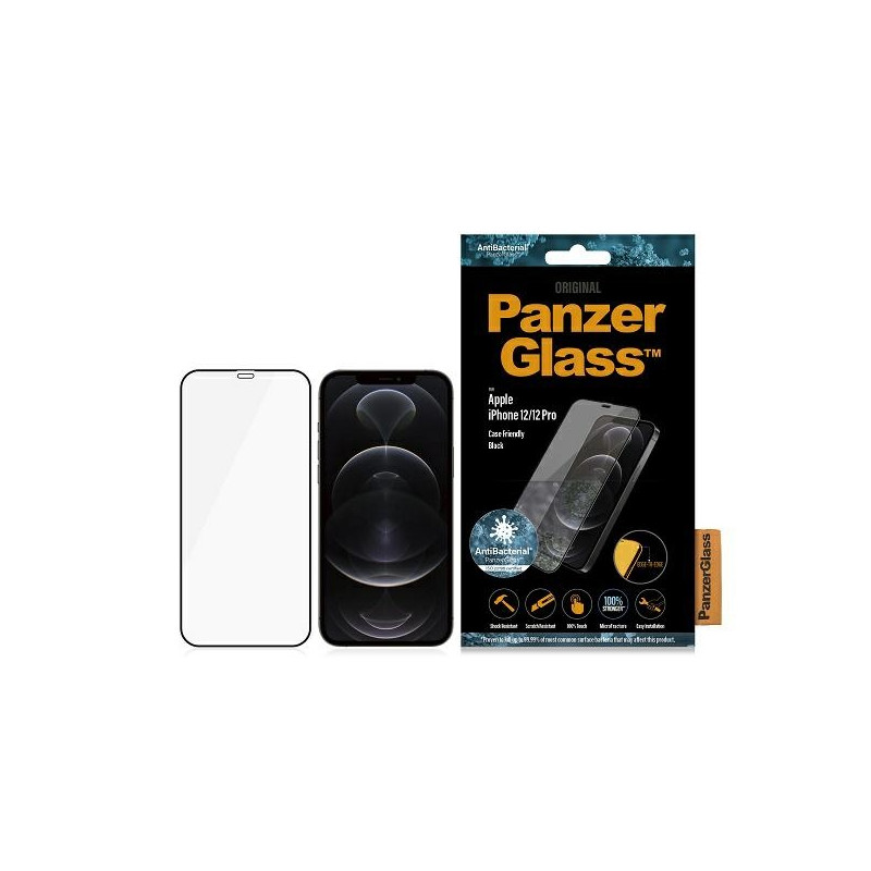 PanzerGlass E2E Super+ Microfracture antibakterinis grūdintas stiklas, skirtas iPhone 12/ 12 Pro – su juodu rėmeliu