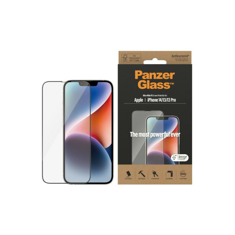 PanzerGlass Ultra-Wide Fit antibakterinis grūdintas stiklas, skirtas iPhone 14/ 13 Pro/ 13