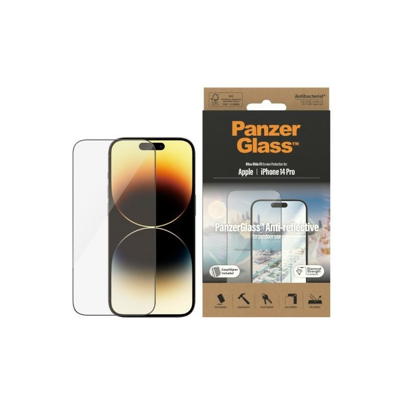 PanzerGlass Ultra-Wide Fit antibakterinis grūdintas stiklas su akinimo filtru ir padėties nustatymo įtaisu, skirtas iPho...