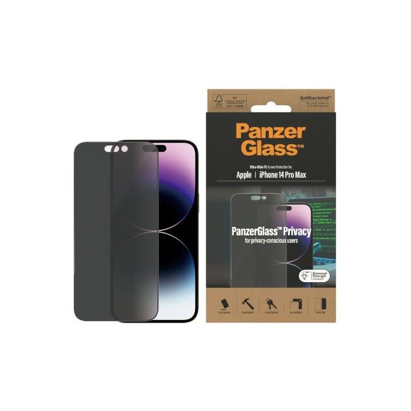 PanzerGlass Ultra-Wide Fit Antibakterinis Privatus grūdintas stiklas, skirtas iPhone 14 Pro Max