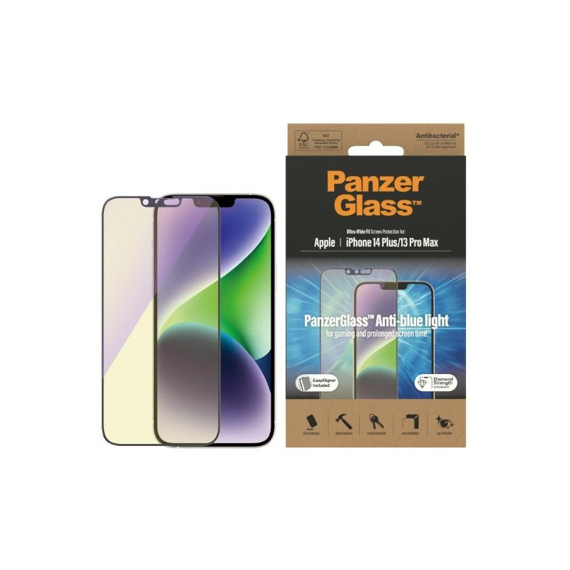 PanzerGlass Ultra-Wide Fit antibakterinis grūdintas stiklas su mėlynos šviesos filtru ir padėties nustatymo įtaisu, skir...