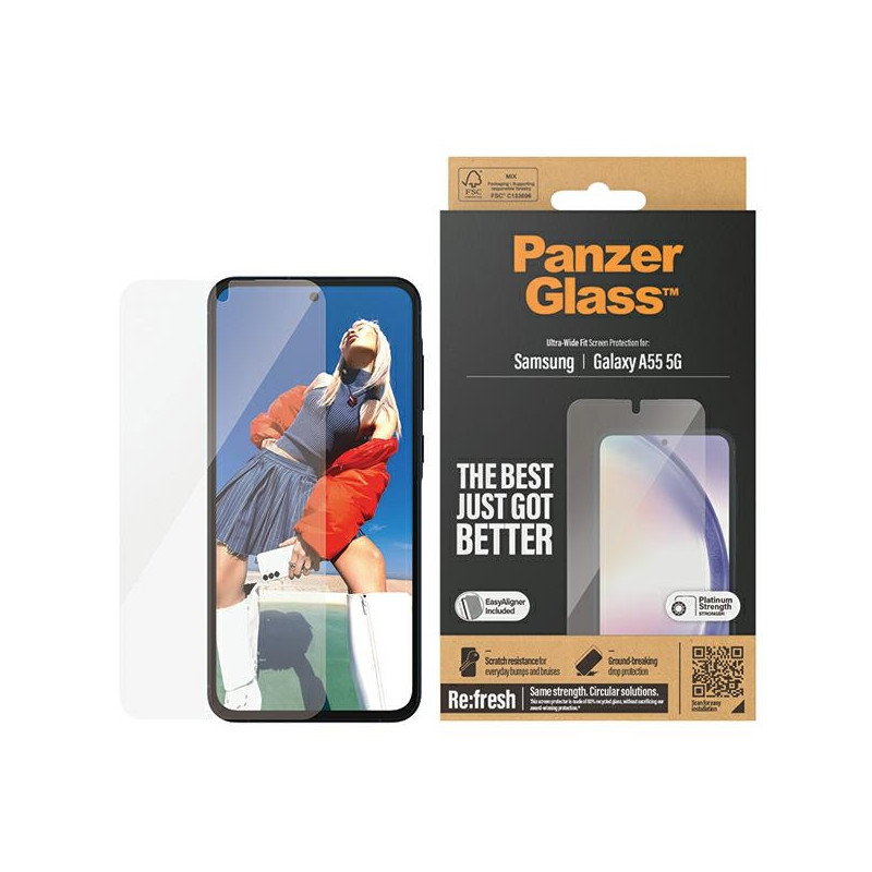 PanzerGlass itin platus grūdintas stiklas su padėties įtaisu, skirtas Samsung Galaxy A55 5G
