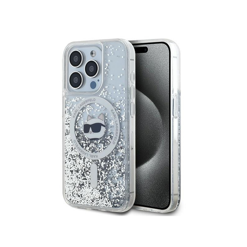 Karl Lagerfeld Liquid Glitter Choupette Head MagSafe dėklas, skirtas iPhone 14 Pro Max - skaidrus
