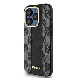 DKNY Leather Chequered Mono Pattern MagSafe dėklas iPhone 15 Pro - juodas