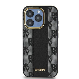 DKNY Leather Chequered Mono Pattern MagSafe dėklas iPhone 15 Pro - juodas