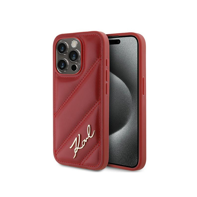 Karl Lagerfeld Diagonal Quilted Script dėklas, skirtas iPhone 15 Pro Max – raudonas