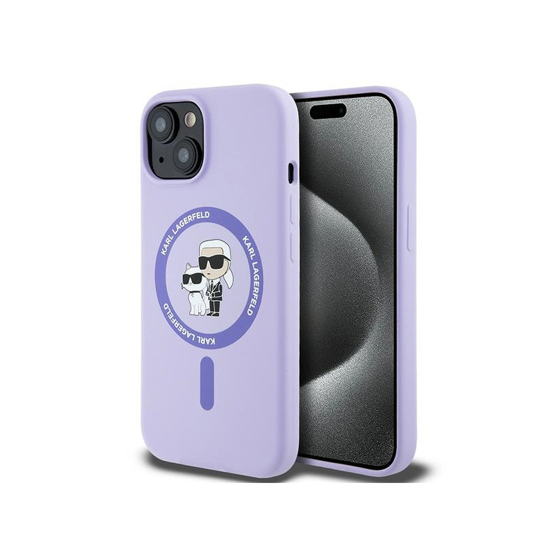 Karl Lagerfeld Silikoninis Karl&Choupette Heads Ring MagSafe dėklas skirtas iPhone 15 - violetinė
