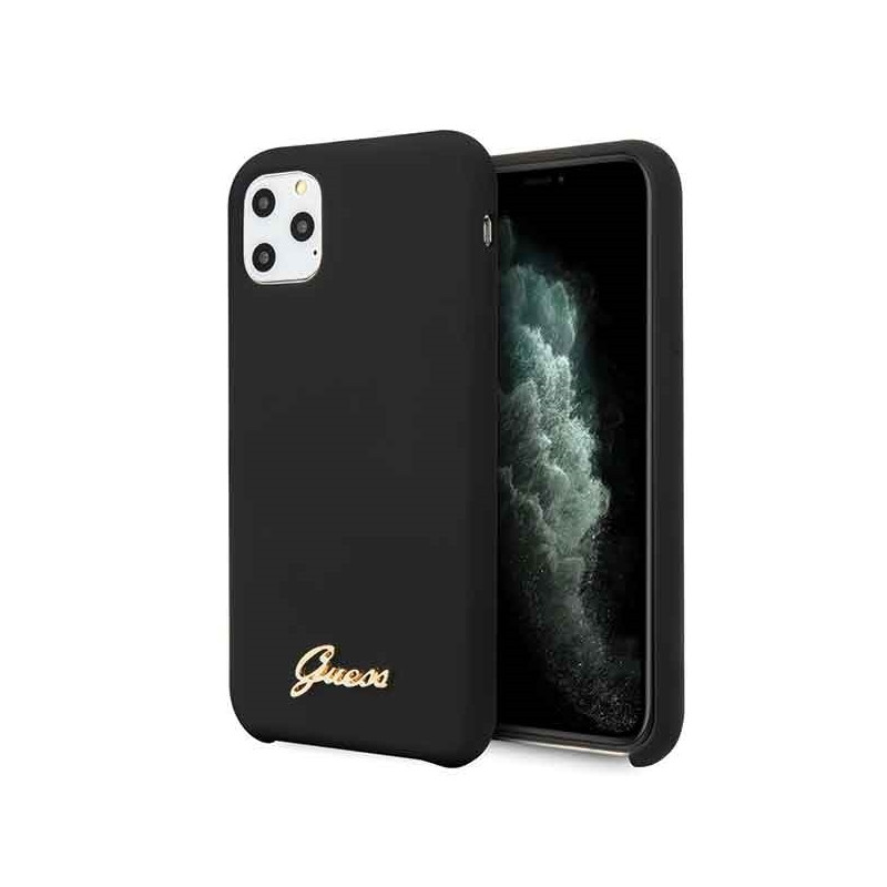 Guess GUHCN58LSLMGBK iPhone 11 Pro juodas/ juodas kietas dėklas Silikoninis vintage auksinis logotipas