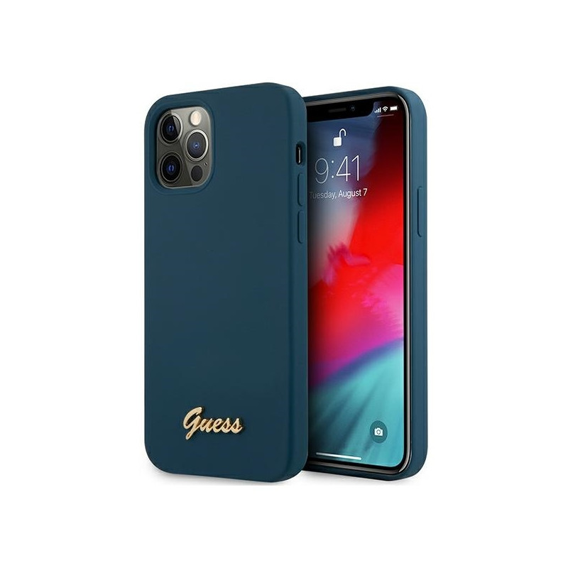 Guess Metal Logo Script dėklas, skirtas iPhone 12 Pro Max - mėlynas