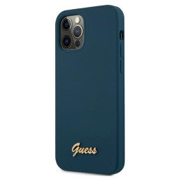 Guess Metal Logo Script dėklas, skirtas iPhone 12 Pro Max - mėlynas