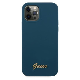 Guess Metal Logo Script dėklas, skirtas iPhone 12 Pro Max - mėlynas