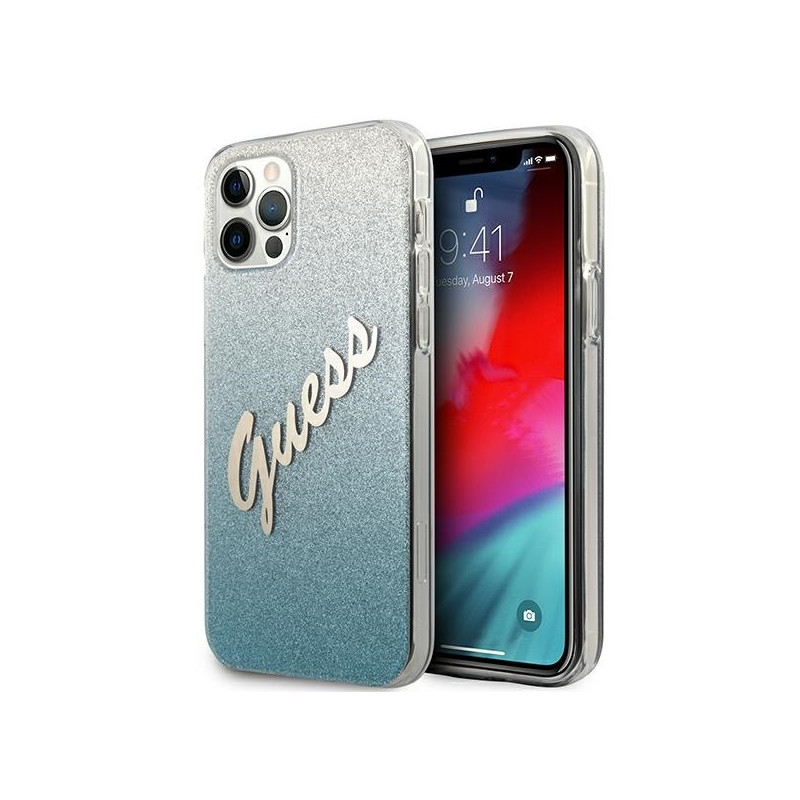 Guess Glitter Gradient Script dėklas, skirtas iPhone 12 Pro Max – mėlynas