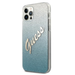 Guess Glitter Gradient Script dėklas, skirtas iPhone 12 Pro Max – mėlynas