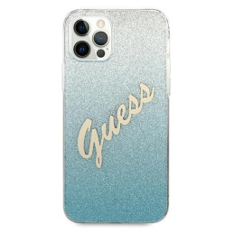 Guess Glitter Gradient Script dėklas, skirtas iPhone 12 Pro Max – mėlynas