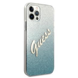 Guess Glitter Gradient Script dėklas, skirtas iPhone 12 Pro Max – mėlynas