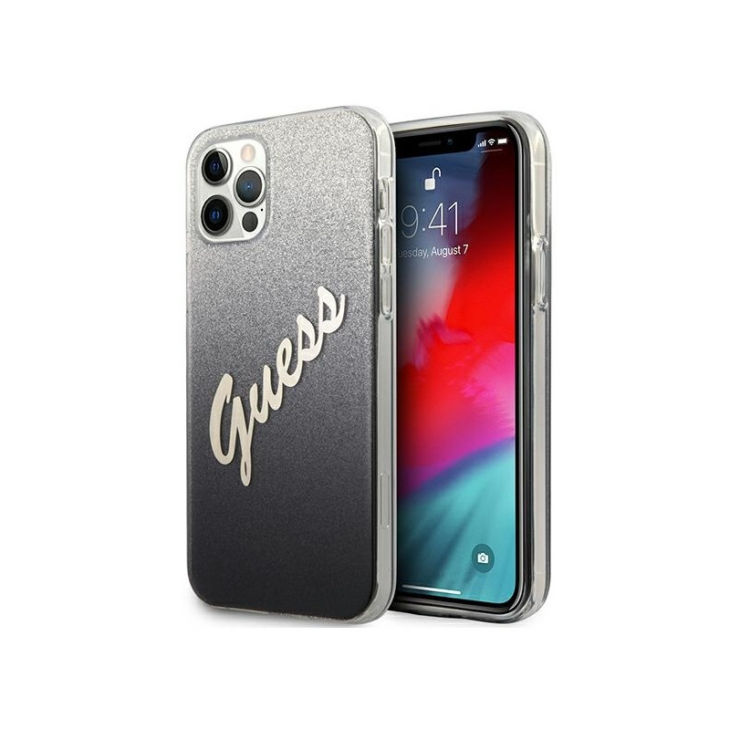 Guess Glitter Gradient Script dėklas, skirtas iPhone 12 / iPhone 12 Pro - juodas