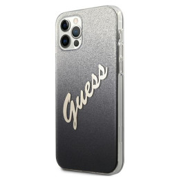 Guess Glitter Gradient Script dėklas, skirtas iPhone 12 / iPhone 12 Pro - juodas