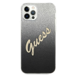 Guess Glitter Gradient Script dėklas, skirtas iPhone 12 / iPhone 12 Pro - juodas