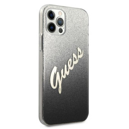 Guess Glitter Gradient Script dėklas, skirtas iPhone 12 / iPhone 12 Pro - juodas