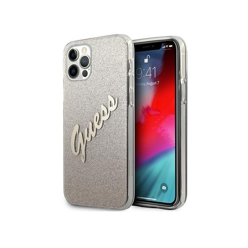 Guess Glitter Gradient Script dėklas, skirtas iPhone 12 / iPhone 12 Pro - auksinis