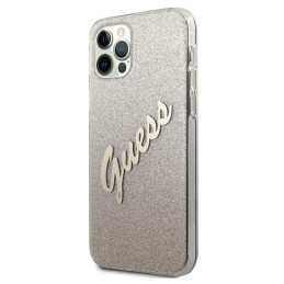 Guess Glitter Gradient Script dėklas, skirtas iPhone 12 / iPhone 12 Pro - auksinis