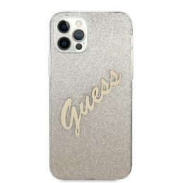 Guess Glitter Gradient Script dėklas, skirtas iPhone 12 / iPhone 12 Pro - auksinis