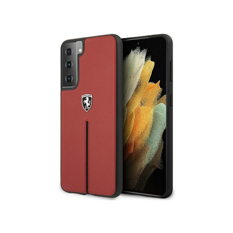Ferrari Off Track Leather Nylon Stripe dėklas, skirtas Samsung Galaxy S21 - raudonas