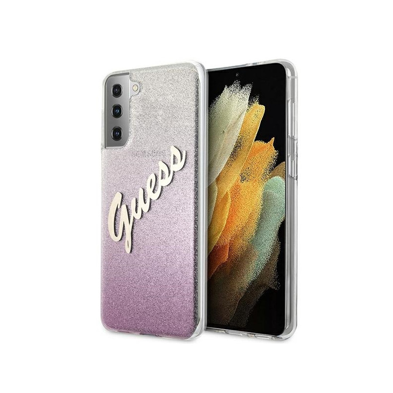 Guess Glitter Gradient Script dėklas, skirtas Samsung Galaxy S21+ - rožinis