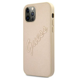 Guess Saffiano Vintage Script dėklas, skirtas iPhone 12 Pro Max - auksinis