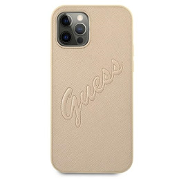 Guess Saffiano Vintage Script dėklas, skirtas iPhone 12 Pro Max - auksinis