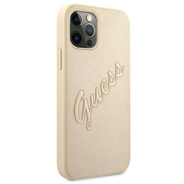 Guess Saffiano Vintage Script dėklas, skirtas iPhone 12 Pro Max - auksinis