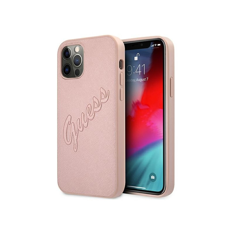 Guess Saffiano Vintage Script dėklas, skirtas iPhone 12 Pro Max – rožinis