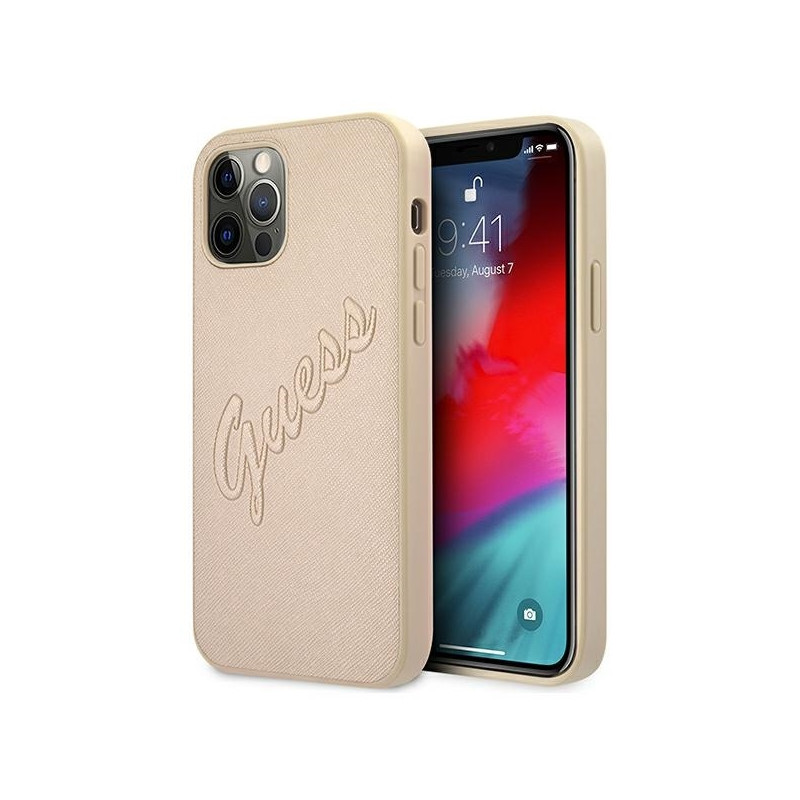Guess Saffiano Vintage Script dėklas, skirtas iPhone 12 / iPhone 12 Pro - auksinis