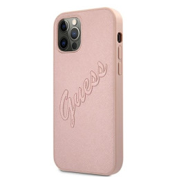 Guess Saffiano Vintage Script dėklas, skirtas iPhone 12 / iPhone 12 Pro - rožinis