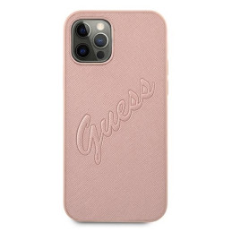 Guess Saffiano Vintage Script dėklas, skirtas iPhone 12 / iPhone 12 Pro - rožinis
