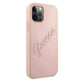 Guess Saffiano Vintage Script dėklas, skirtas iPhone 12 / iPhone 12 Pro - rožinis
